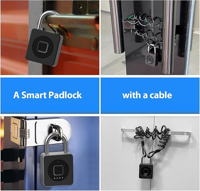 Fingerprint Padlock with Cable 130 cm eLinkSmart Fingerprint Lock App Unlock Keyless Biometric Outdoor Waterproof Padlock for Gym Locker Helmet Gate Fence Luggage Black