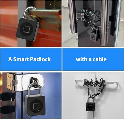 Fingerprint Padlock with Cable 130 cm eLinkSmart Fingerprint Lock App Unlock Keyless Biometric Outdoor Waterproof Padlock for Gym Locker Helmet Gate Fence Luggage Black