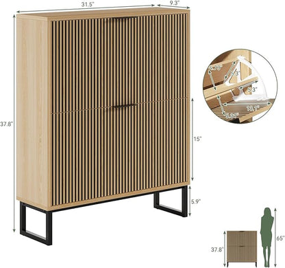 Shoe Cabinet Storage Entryway Slim, Shoe Organizer Cabinet with 2 Flip Drawers, Modern Freestanding Hidden Shoe Rack for Entryway, Natural Wood