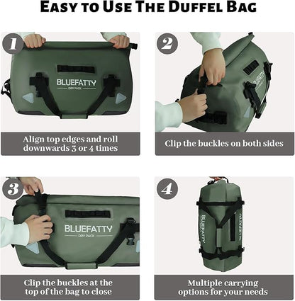 Waterproof Motorcycle Duffel Bag Roll Top Dry Duffel Bag with Quick-fixed Straps for Rafting, Boating, Kayaking, Travel, 50L(Army Green)