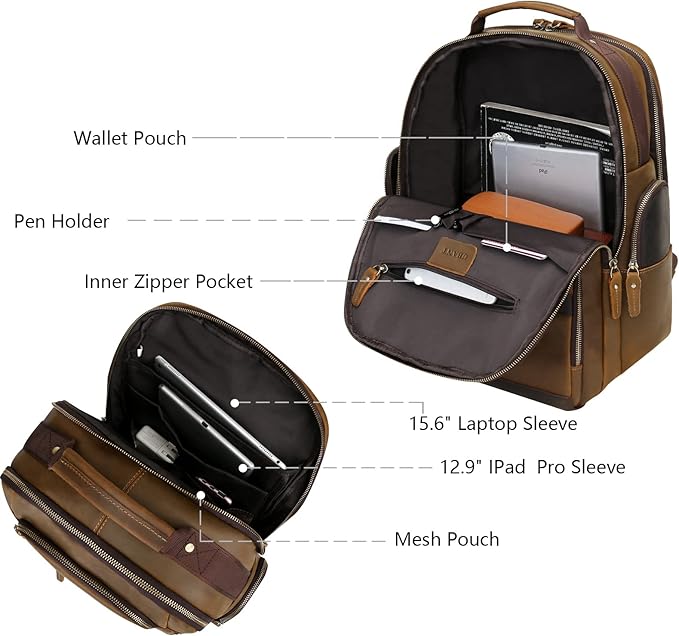 Full Grain Leather Backpack for Men,15.6" Laptop Backpack with USB Charging Port,Large Capacity Vintage Casual Travel Business Work Computer Bag Outdoor Weekend Daypack (Light Brown)