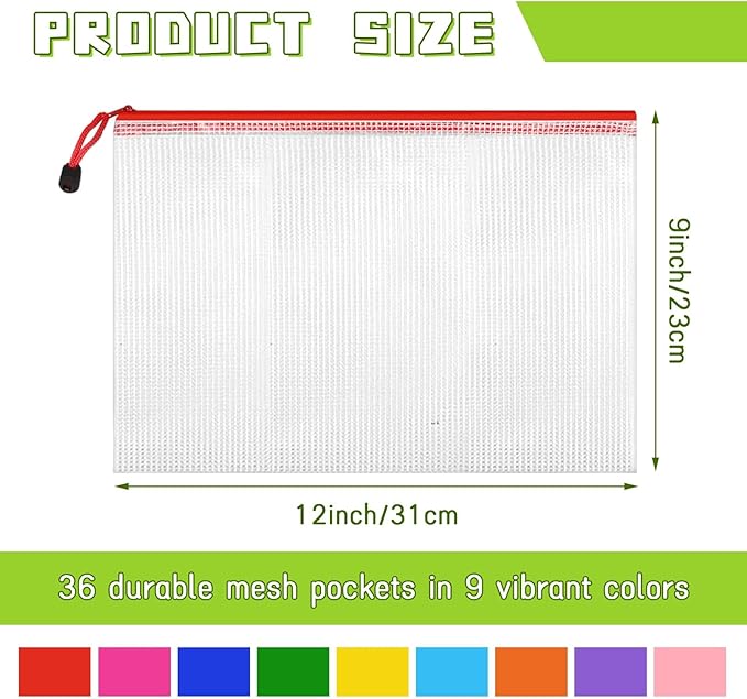 36pcs A4 Mesh Zipper Pouch Bags, Waterproof Document Zipper Bags for Organizing Storage for School, Office, Board Games, Travel & Craft Storage Letter Size
