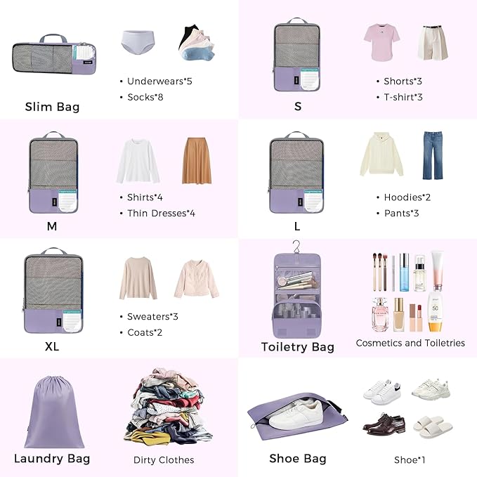 BAGAIL 4 Set/6 Set/8 Set Compression Packing Cubes Travel Accessories Expandable Packing Organizers(HalfMesh,8-Dusty Purple)