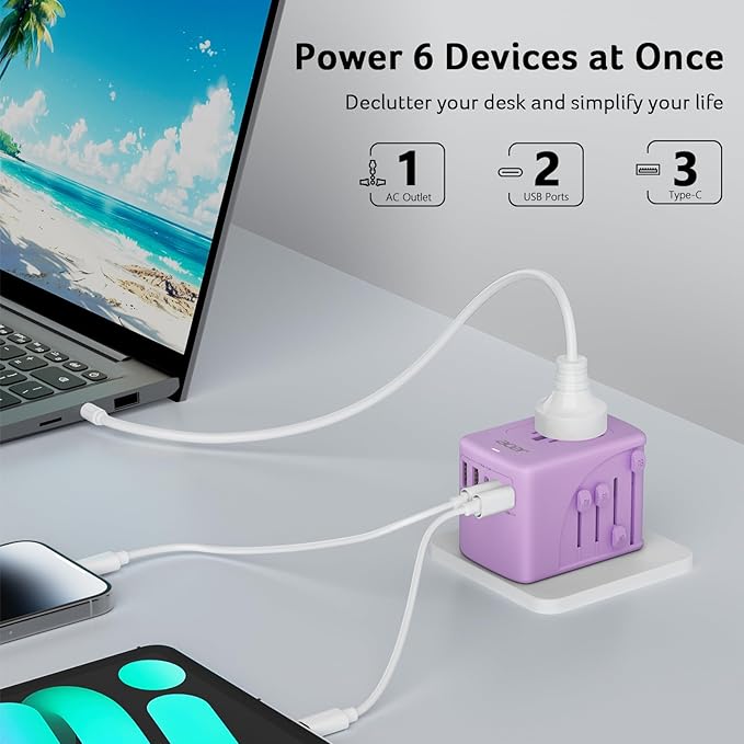 Acer Universal Travel Plug Adapter - International Power Adapter with 5 USB Ports (3 USB C) 5.8A, Worldwide Outlet Charger for USA to European UK France Germany Spain, Type C/E/F/G/I/L/A, Purple