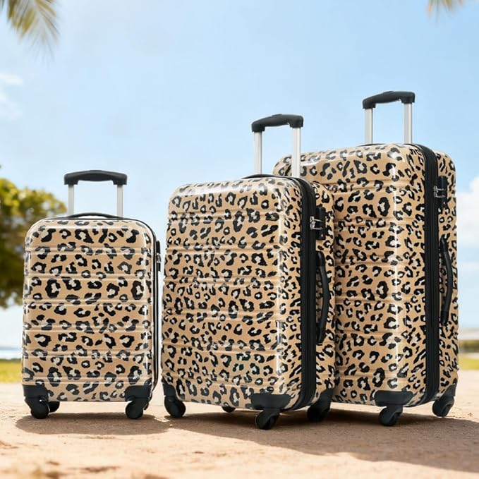 Merax Leopard Print Luggage Sets, 3 Piece Expandable Suitcase Set with Spinner Wheels,Large Checked Travel Suitcases and Carry On Travel Luggage, 100% PC, TSA Lock,Brown