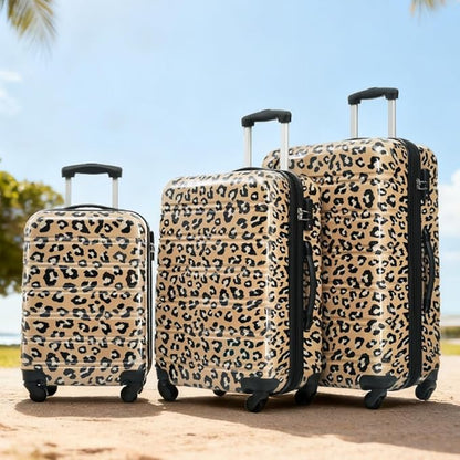 Merax Leopard Print Luggage Sets, 3 Piece Expandable Suitcase Set with Spinner Wheels,Large Checked Travel Suitcases and Carry On Travel Luggage, 100% PC, TSA Lock,Brown