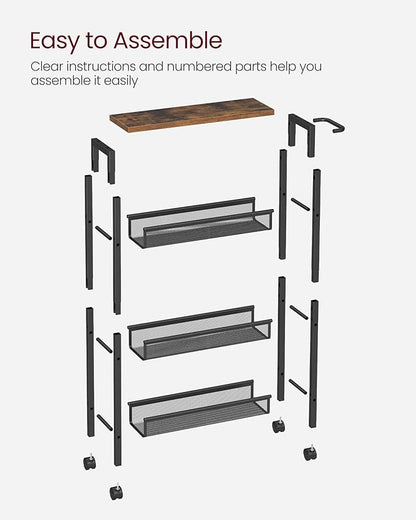 VASAGLE Slim Rolling Cart, 4-Tier Narrow Storage Cart with Handle, 5.1 Inches Deep, Metal Frame, for Kitchen, Dining Room, Living Room, Home Office, Rustic Brown and Classic Black ULRC032B01V1