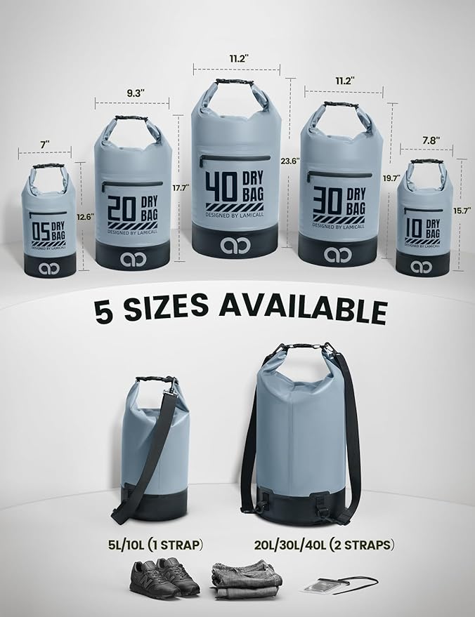Lamicall Dry Bag, Waterproof Bag - [Durable & Floating] 5L/10L/20L/30L/40L Roll Top Drybag with Water Proof Phone Pouch for Travel Swimming Boating Kayaking Paddle Board Camping Beach Accessories