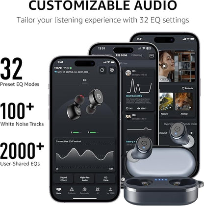 TOZO T10 Wireless Earbuds Bluetooth 5.3 Headphones, App Customize EQ, Ergonomic Design, 55H Playtime, Wireless Charging Case, IPX8 Waterproof Sound in-Ear Headset, New Version