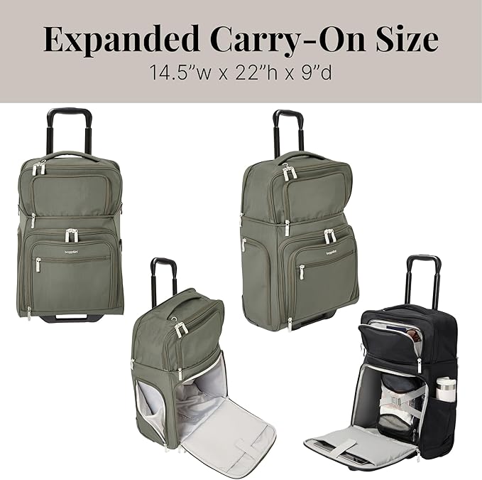 Baggallini Expandable Underseat Carry-On - Lightweight Travel Luggage Carry On Weekender with Wheels