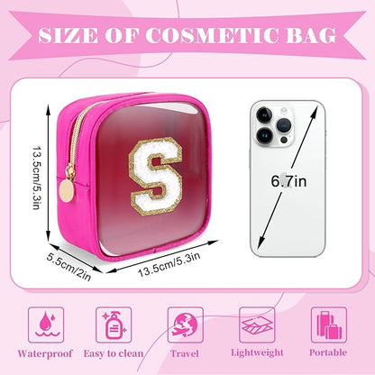Personalized Initial Letter Clear Preppy Makeup Bag,Mini Nylon Chenille Letter Cosmetic Bag Cute Zipper Pouch Coin Purse for Teen Girls,Portable TSA Approved Travel Essentials Bag Gift for Women,S