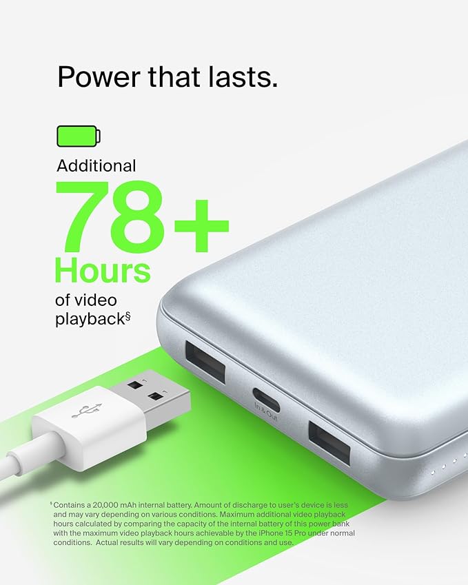 Belkin Portable Charger, USB-C Power Bank 20000 mAh w/ 2 USB-A Ports, 15W w/Type-A to Type-C Cable for iPhone 17, Air, Samsung Galaxy S25, iPad, Nintendo Switch 2, Google Pixel 10, etc. - Pearl Blue