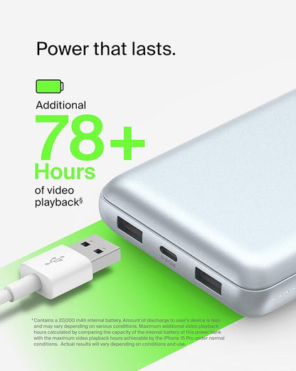 Belkin Portable Charger, USB-C Power Bank 20000 mAh w/ 2 USB-A Ports, 15W w/Type-A to Type-C Cable for iPhone 17, Air, Samsung Galaxy S25, iPad, Nintendo Switch 2, Google Pixel 10, etc. - Pearl Blue