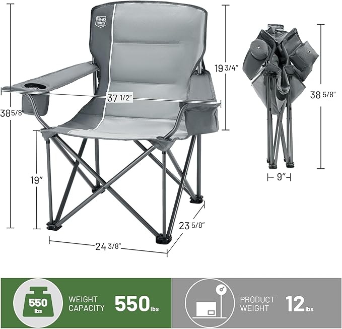 Timber Ridge 550 LBS Oversized Folding Camping Chair for Adults, Heavy Duty with Cup Holder Side Pocket for Camping, Lawn, Picnic, Grey