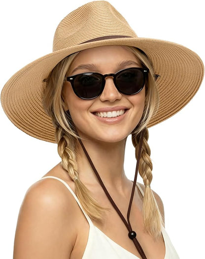 FURTALK Womens Summer Straw Sun Hats Wide Brim Panama Fedora Beach Hat with Wind Lanyard UPF 80+