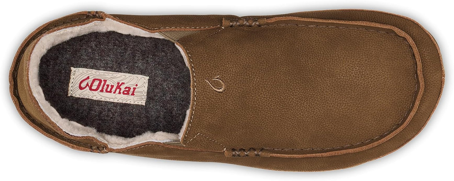 OLUKAI Moloa Slipper, Men's Premium Leather Slip-On Shoes, Soft Genuine Shearling Lining & Gel Insert, Drop-In Heel & All-Day Comfort