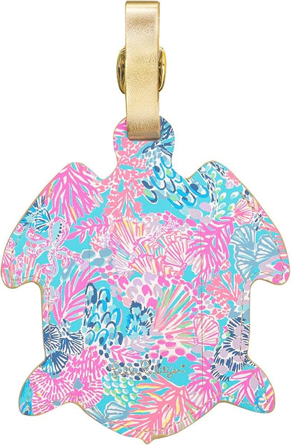 Lilly Pulitzer Turtle Shaped Luggage Tag with Secure Strap, Durable Vegan Leather, Colorful Suitcase Identifier for Travel, Splendor in The Sand
