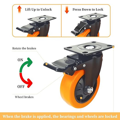 3 Inch Caster Wheels, Heavy Duty Casters Set of 4, Locking Top Plate Casters with Brake, Industrial Swivel Caster Wheels for Furniture and Workbench