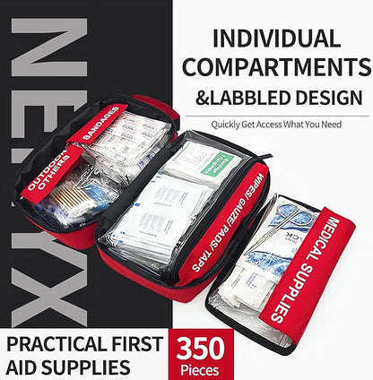 350 Piece First Aid Kit for Car, Home, Travel, Camping, Truck, Hiking, Sports, Office, Vehicle & Premium Waterproof Compact Trauma Medical Kits (Red)