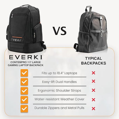 EVERKI ContemPRO 117 Laptop Backpack Fits up to 18.4” – Gaming, 42L Large Travel Backpack with Water-Resistant Rain Cover for Women & Men – Spacious Business Laptop Bag – Black (EKP117B)