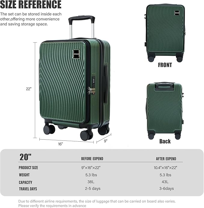 20-Inch Expandable Carry-on Luggage PC Hard Shell TSA Suitcase with Top Opening 360°Rolling Wheels Suitcase(GREEN)
