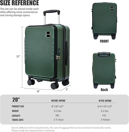 20-Inch Expandable Carry-on Luggage PC Hard Shell TSA Suitcase with Top Opening 360°Rolling Wheels Suitcase(GREEN)