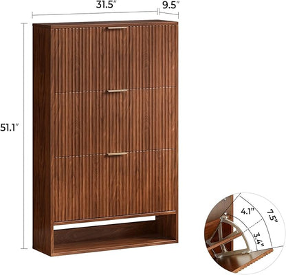 Walnut Tall Shoe Storage Cabinet for Entryway with 3 Flip Drawers, Narrow Wood Fluted Shoe Rack Cabinet, Freestanding Slim Shoe Organizer Cabinet for Foyer, Hallway