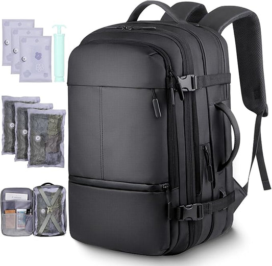 TNELTUEB Vacuum Backpack Travel-Expandable Vacpack Backpack with 3 Compression Bags and Manual Pump, Waterproof & Laptop Compartment(Fits 17"), Carry-on Luggage Backpacks for Flight/Business, Black