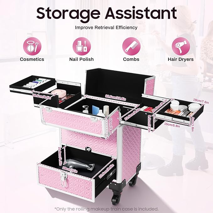 Rolling Makeup Train Case,Multi-functional Cosmetic Trolley with 360° Swivel Wheels Keys,Salon Barber Case Traveling Cart for Nail Technicians Hairstylist (Pink)