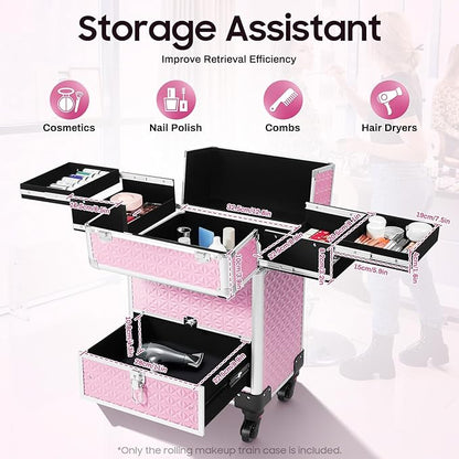 Rolling Makeup Train Case,Multi-functional Cosmetic Trolley with 360° Swivel Wheels Keys,Salon Barber Case Traveling Cart for Nail Technicians Hairstylist (Pink)