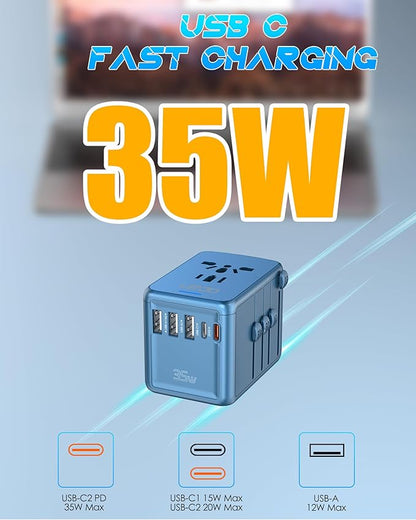 35W PD Universal Travel Adapter with 5 USB Ports and 2500W AC Outlets, PD Fast Charging International Plug Converter Travel Charger Multi Plugs All in One for EU US UK AUS 200+ Countries