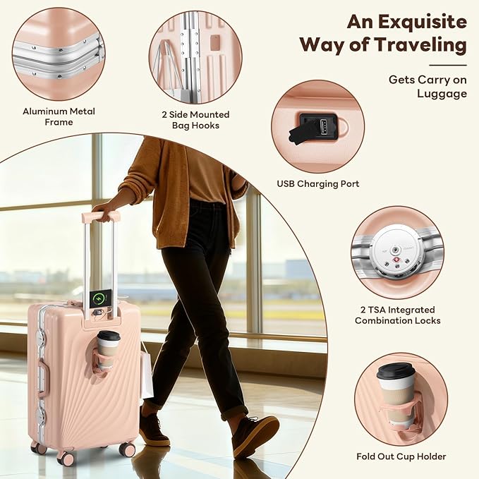 3-Piece Hardside Luggage Sets Aluminum Frame, 20+24+28 Inch Suitcases with USB Charging Port, Foldable Cup Holder, TSA Locks & Spinner Wheels for Travel, Light Pink