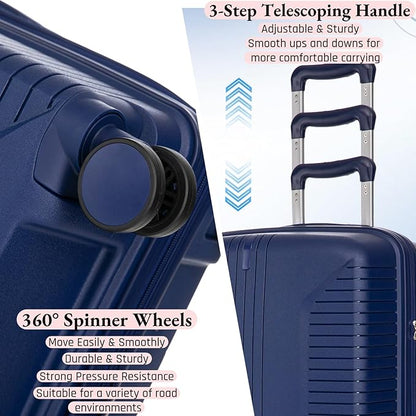 3-Piece PP Hard Shell Spinner Luggage Set (20" 24" 28") with Combination Lock, Adjustable Pull Rod Suitcases, Blue