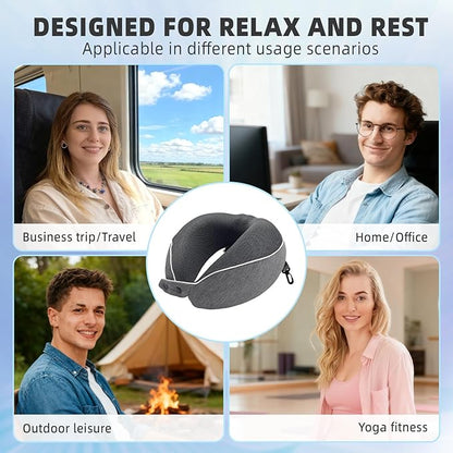 Memory Foam Travel Neck Pillow - with Portable Storage Case, 360° Ergonomic Support for Airplanes & Office, Compact & Portable (Grey)