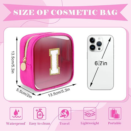 Personalized Initial Letter Clear Preppy Makeup Bag,Mini Nylon Chenille Letter Cosmetic Bag Cute Zipper Pouch Coin Purse for Teen Girls,Portable TSA Approved Travel Essentials Bag Gift for Women,I
