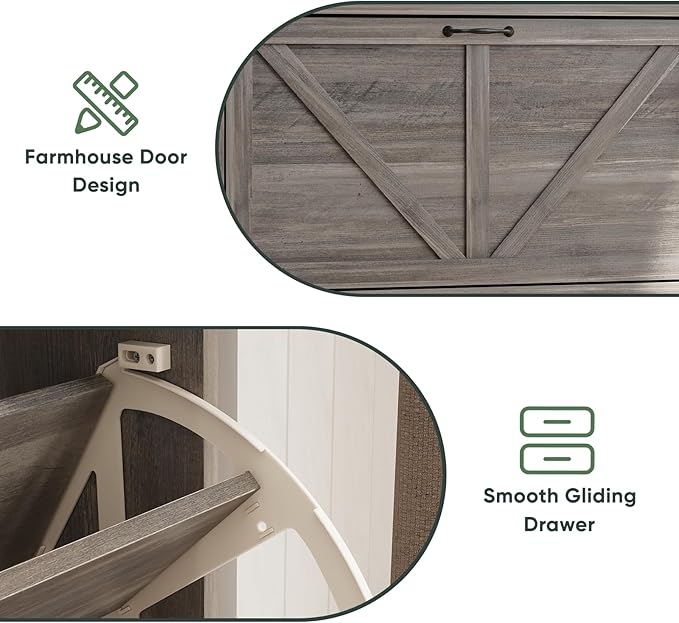 Shoe Storage Cabinet with 2 Flip Drawers, Farmhouse Narrow Shoe Cabinet Storage for Entryway, Slim Shoe Rack Cabinet with Wooden Feet, Gery