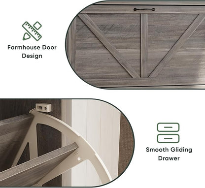 Shoe Storage Cabinet with 2 Flip Drawers, Farmhouse Narrow Shoe Cabinet Storage for Entryway, Slim Shoe Rack Cabinet with Wooden Feet, Gery