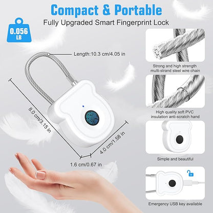 Smart Fingerprint Padlock for Luggage - 20 User Capacity, USB Key & Emergency Code, Keyless Biometric Lock for Gym Locker, Suitcase, Backpack, Toolbox & Handbag (White)