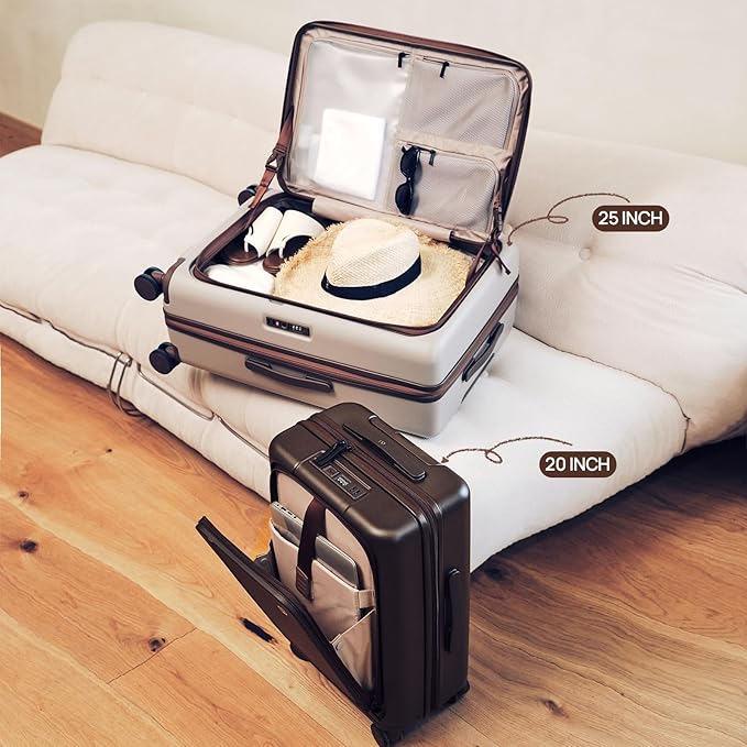 NINETYGO Carry On Luggage 22x14x9 Airline Approved, 20 Inch Suitcase with Front Compartment & Cup Holder, Coffee-Infused PC Hard Shell, Eco-Friendly, TSA Lock, 360° Spinner Wheels (Oats White)