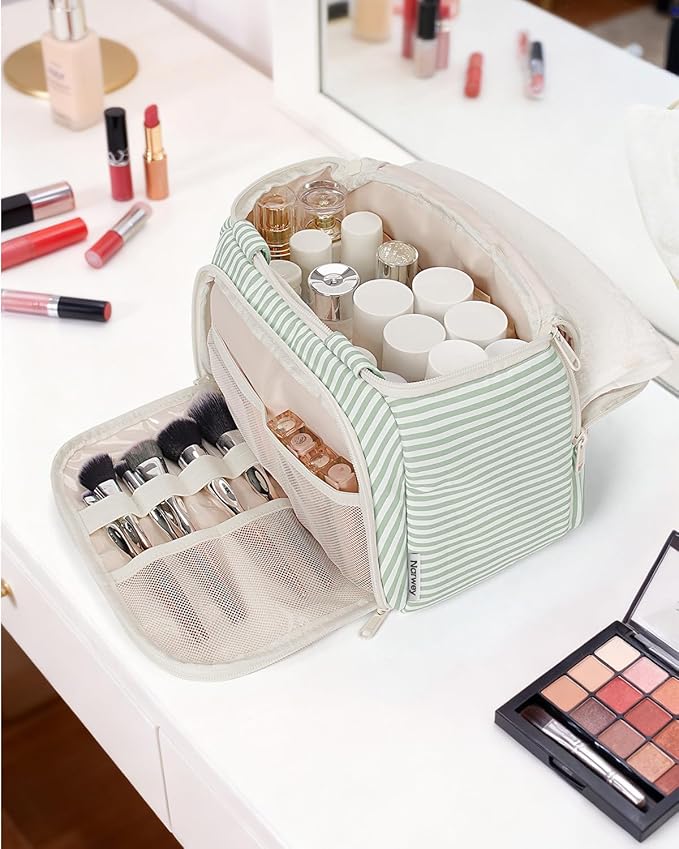 Narwey Large Travel Toiletry Bag, Wide-open Travel Bag for Toiletries, Toiletry Bags for Traveling Women, Cosmetic Make Up Makeup Bag Organizer with Wet Pocket, Shower Skincare Bag (Mint Green Stripe)
