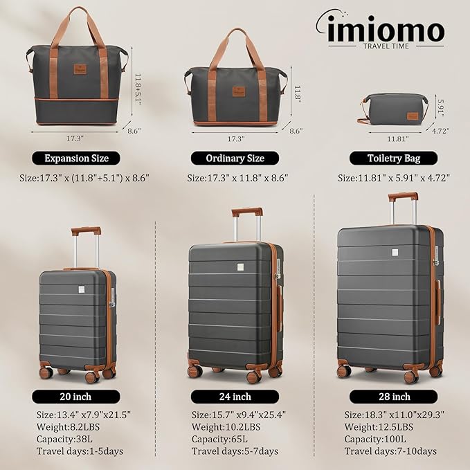 imiomo 3 Piece Luggage Sets,Suitcase with Spinner Wheels,Luggage Set Clearance for Women, Lightweight Rolling Hardside Travel Luggage with TSA Lock (Large Luggage 28IN, Grey)