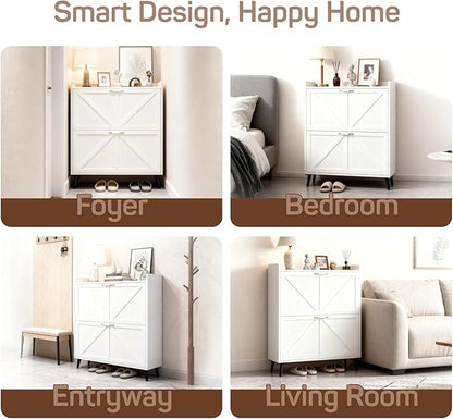 Shoe Storage Cabinet for Entryway with 2 Flip Drawers, Narrow Metal Shoe Cabinet with Anti-Tip, Holds 12-16 Pairs, Freestanding Shoes Cabinets Storage for Entryway, Foyer, Hallway (White)