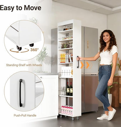 7-Tier Slim Storage Cart with Wheels, 7.9''W Pull Out Rolling Utility Cart, Mobile Shelving Unit Organizer with Handle, Narrow Multi-Functional Open Shelf for Kitchen, Bathroom, Laundry Room