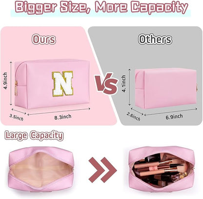 TOPEAST Preppy Pink Glitter Chenille Patch Travel Makeup Bag, 8.3in x 3.5in x 4.9in