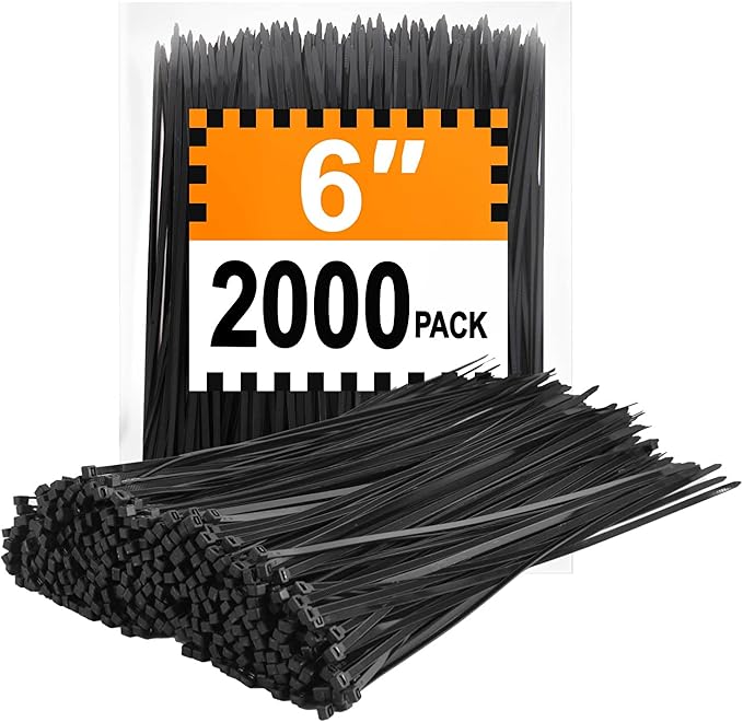 Zip Ties 6 inch (2000 Pack), 25 lb, Black Wire Ties, UV Resistant Cable Ties for Outdoor Use, LOCKLOCK