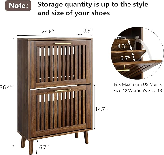 Walnut Shoe Cabinet for Entryway,Narrow Shoe Storage Cabinet with 2 Flip Drawer and Solid Wood Leg,Freestanding Slim Shoe Organizer for Entryway, Hallway