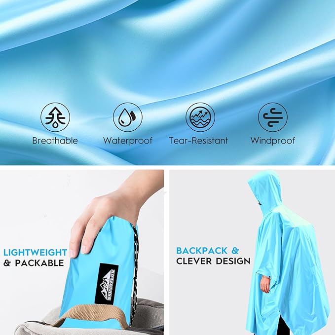 Bruvoalon 3-in-1 Rain Poncho with 1/4 Zip & Chest Pocket, Waterproof, Sunshade, Ground Mat for Adults & Youth Emergency