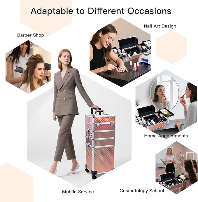 Professional Rolling Makeup Case, Cosmetology Case on Wheels 4 in 1 Large Cosmetic Train Case, Ideal Gift for Hairstylist, Nail Techs, Portable Beauty Organizer for Travel or Salon Use