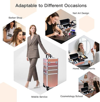 Professional Rolling Makeup Case, Cosmetology Case on Wheels 4 in 1 Large Cosmetic Train Case, Ideal Gift for Hairstylist, Nail Techs, Portable Beauty Organizer for Travel or Salon Use