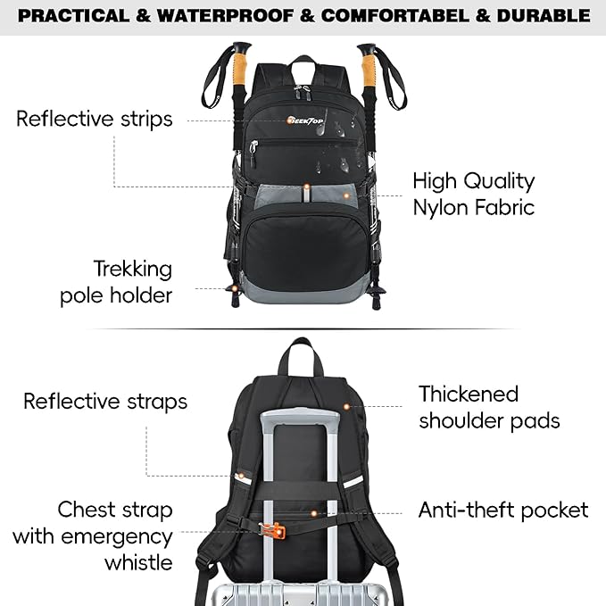 Seektop Lightweight Travel Backpack for Men Women, Multiple Pockets 40L Hiking Backpack Foldable Carry on Backpack for Outdoor Camping Sport Leisure (Black)